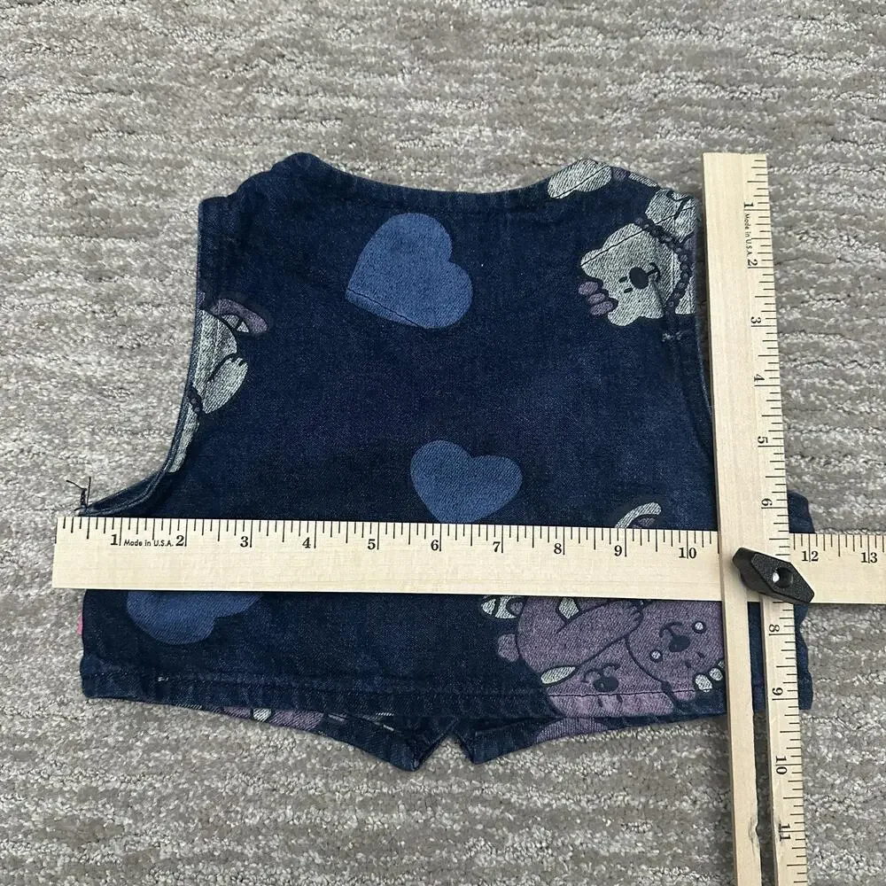 Vintage OshKosh B'gosh Vest Girls 3T Blue Denim Teddy Bear Heart Print USA 90s